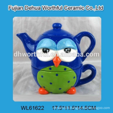 Popular colorful owl design ceramic tea kettle with cup